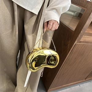 Golden mirror bean-shaped acrylic clutch bag with delicate chain strap for women