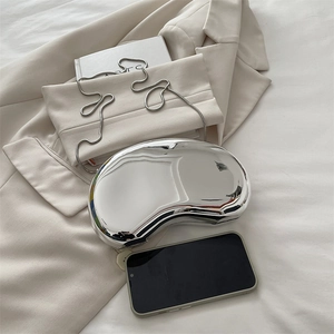 Silver glossy acrylic kidney-shaped box clutch with delicate metal chain strap for women