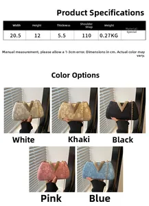 Detailed size specifications and color options for the sequin lace evening clutch bag