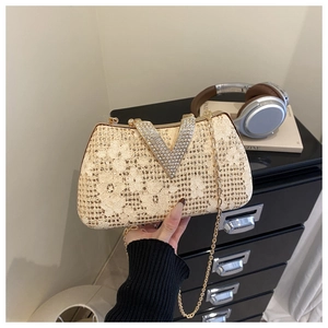 Detail of beige lace evening bag with V-shaped crystal buckle and gold chain strap
