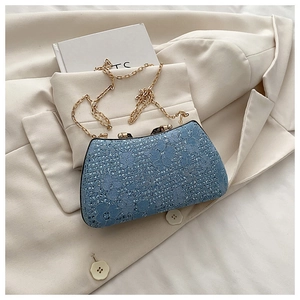 Detail of blue sequin lace evening bag with gold metal frame on a white blazer