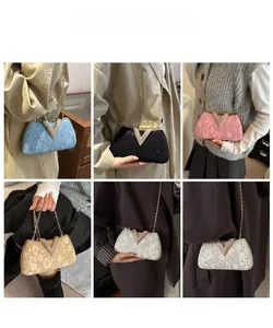 Collage of fashion models wearing sparkling sequined evening bags with gold chain straps