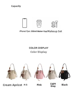 Drawstring bucket bag details in 5 colors showing internal storage capacity for phone