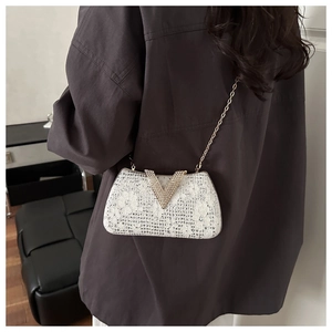 Detail of silver evening bag with lace embroidery, sequins, and a V-shaped rhinestone buckle