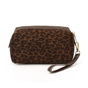 Brown leopard print cosmetic bag in matte suede with gold zipper and wrist strap
