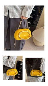 Detail of yellow box bag with gold C-buckle and chain strap shown from multiple angles