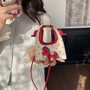 Mini Canvas Crossbody Bag Polka Dot Print Horse Embroidery PU Leather Trim Cute Small Square Handbag For Girls Women