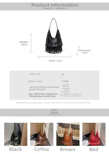 Detailed size specifications of bohemian fringe bucket bag with PU leather dimensions
