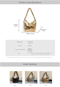 Detailed size chart and parameter overview of large sequin bucket bag for women