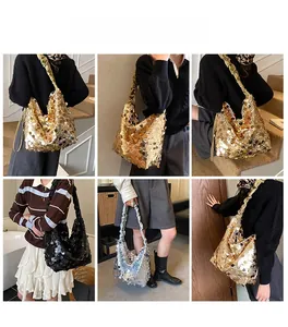 Detail showing gold, silver and black sequin bucket bags with stylish ruffled straps