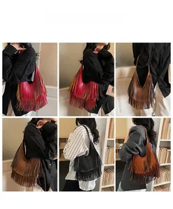 Detailed views of multi-color bohemian tassel hobo bags worn as shoulder and underarm bags