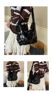 Three-way view of a black sequin tote bag showing the hobo style and large capacity