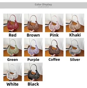 Collage of ten colorful crescent bags with metallic studs and long shoulder straps