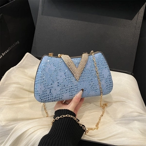 Rhinestone Lace Sequin Evening Bag With V Shaped Metal Buckle Gold Chain Shoulder Crossbody Box Clutch For Women