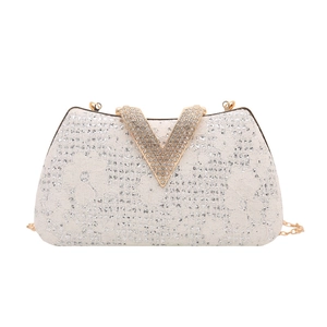 Elegant ivory floral lace evening bag with rhinestones, gold V-logo, and chain strap