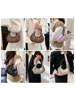 Collage of chic rhinestone studded crescent bags in brown, pink, black, and silver options