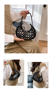 Detail shot of black hobo bag featuring silver and gold studs with lifestyle modeling views