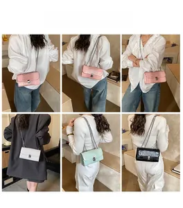Collage of fashion crossbody bags in crocodile pattern with silver chains and buckles