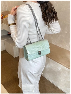 Mint green crocodile pattern crossbody bag with silver chain worn on white outfit