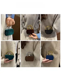 Mini sac boîte en acrylique avec texture velours et bandoulière chaîne porté par un mannequin