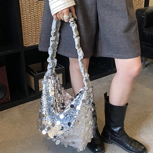 Silver sequin shoulder bag for women with metallic texture and ruched strap