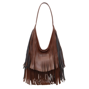 Stylish brown fringe bucket bag with long tassels and comfortable hobo shoulder strap