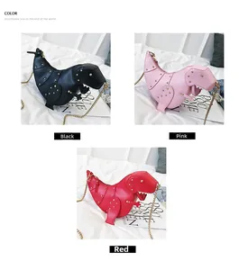 Detailvergleich der süßen Dino-Umhängetaschen in Schwarz, Rosa und Rot mit goldenen Nieten
