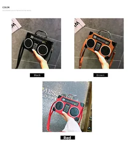 Détail montrant des sacs à main radio vintage en noir, marron et rouge avec anses en métal