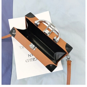 Détail du sac boîte radio en cuir croisé avec poignée métallique argentée et doublure
