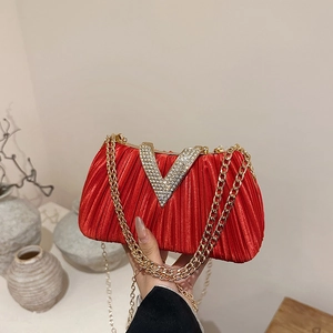 Sac De Soirée Plissé En Satin Pour Femmes Avec Boucle V En Strass Bandoulière Chaîne Pochette Élégante