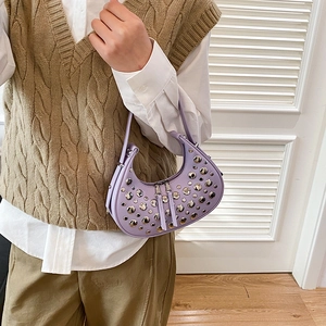 Chic light purple crescent armpit bag with silver rivets and smooth leather finish