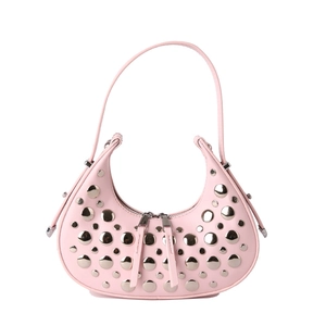 Pink crescent underarm bag with silver rivet details and slim handle for women