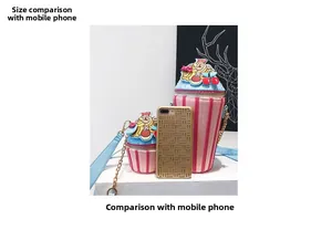Size comparison between cupcake crossbody bags and a phone showing large and small sizes