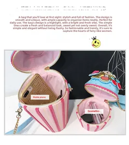Detail of pink striped ice cream shaped crossbody bag showing phone and lipstick capacity