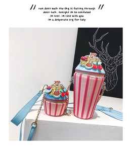 Macro view of a creative cupcake-shaped mini crossbody bag with a blue cherry top