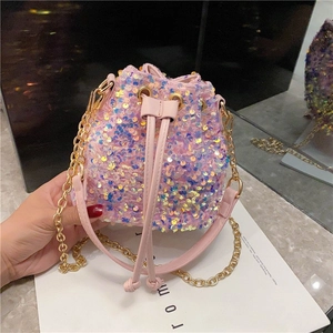 Shiny Sequin Bucket Bag Drawstring Mini Shoulder Crossbody Chain Pouch Fashion Glitter Handbag For Women Evening Party