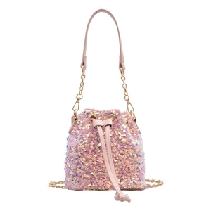 Chic pink iridescent sequin bucket bag with gold chain strap and drawstring closure