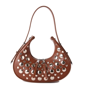 Brown leather moon-shaped hobo bag with silver metallic rivets and double zip top closure