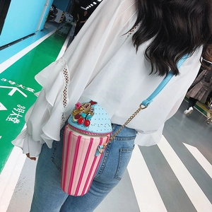 Creative sundae-shaped crossbody bag with blue cream top and pink striped PU leather design