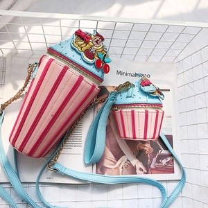 Set of two ice cream dessert shaped crossbody bags with pink and blue stripes and chain strap