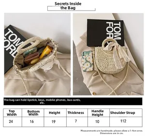 Size chart showing 24x19x7cm dimensions for woven straw handbag with lace bow