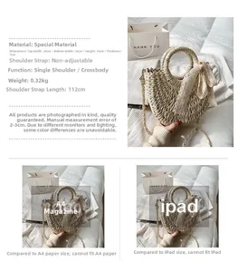 Detailed dimensions for straw woven handbag featuring white lace bow and round handle