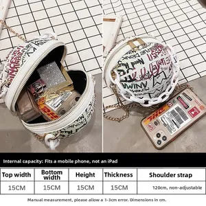 Detailed size chart for graffiti basketball bag showing 15cm dimensions and chain strap