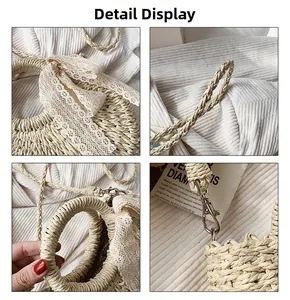 Macro detail of straw woven bag featuring beige lace bow and sturdy round handles