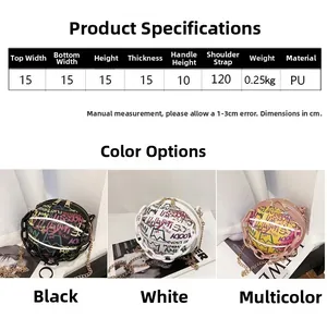 Size chart and dimensions for graffiti basketball crossbody bag with metal chain strap