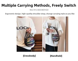 Close-up of graffiti basketball-shaped bag showing crossbody and handheld carrying styles