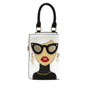 Sac à bandoulière blanc chic avec broderie de dessin animé et poignée anneau noir