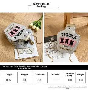 Size guide for bottle shaped crossbody bag showing dimensions and storage capacity