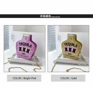 Detail of pink and gold tequila bottle shaped sequin bags with metal chain straps