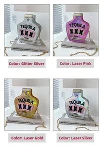 Detail view of tequila bottle chain bags in sequined silver and holographic finishes